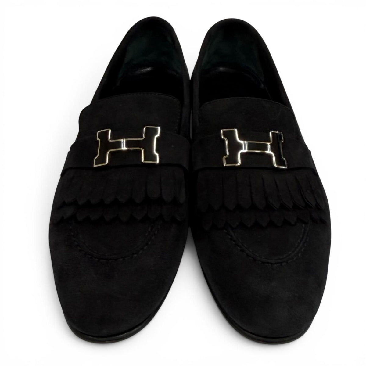 Hermes Moccasins Royale Silver Logo Plate Suede Leather Loafers Black — view 4