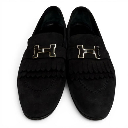 Hermes Moccasins Royale Silver Logo Plate Suede Leather Loafers Black — view 4