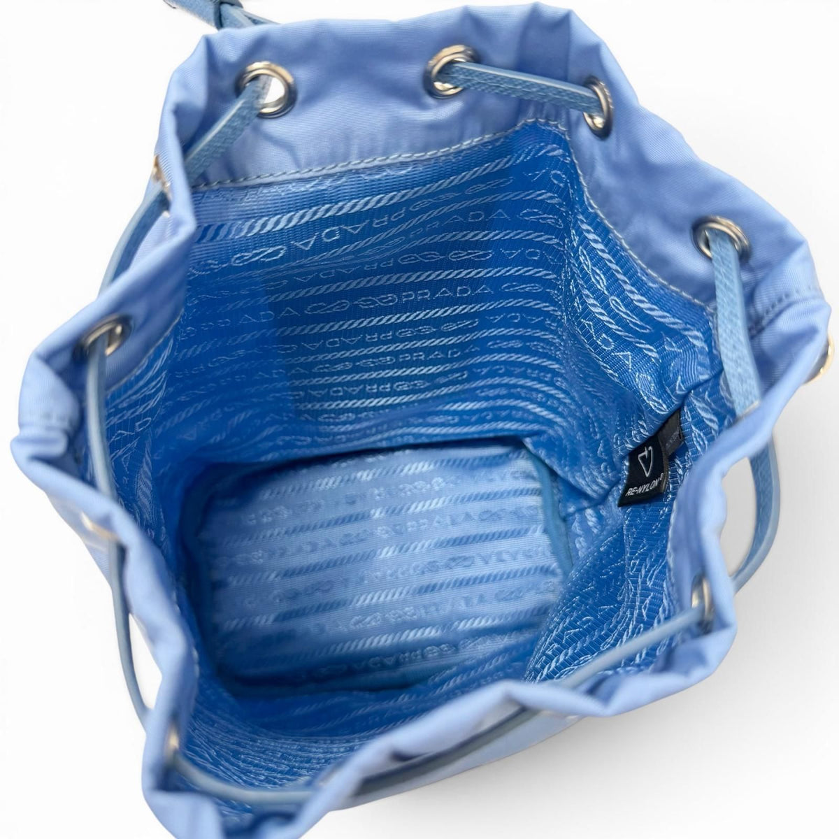 Prada Triangle Logo Re-Nylon Partial Leather Drawstring Bag Handbag Light Blue — view 3