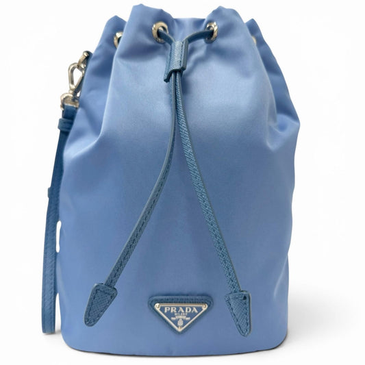 Prada Triangle Logo Re-Nylon Partial Leather Drawstring Bag Handbag Light Blue