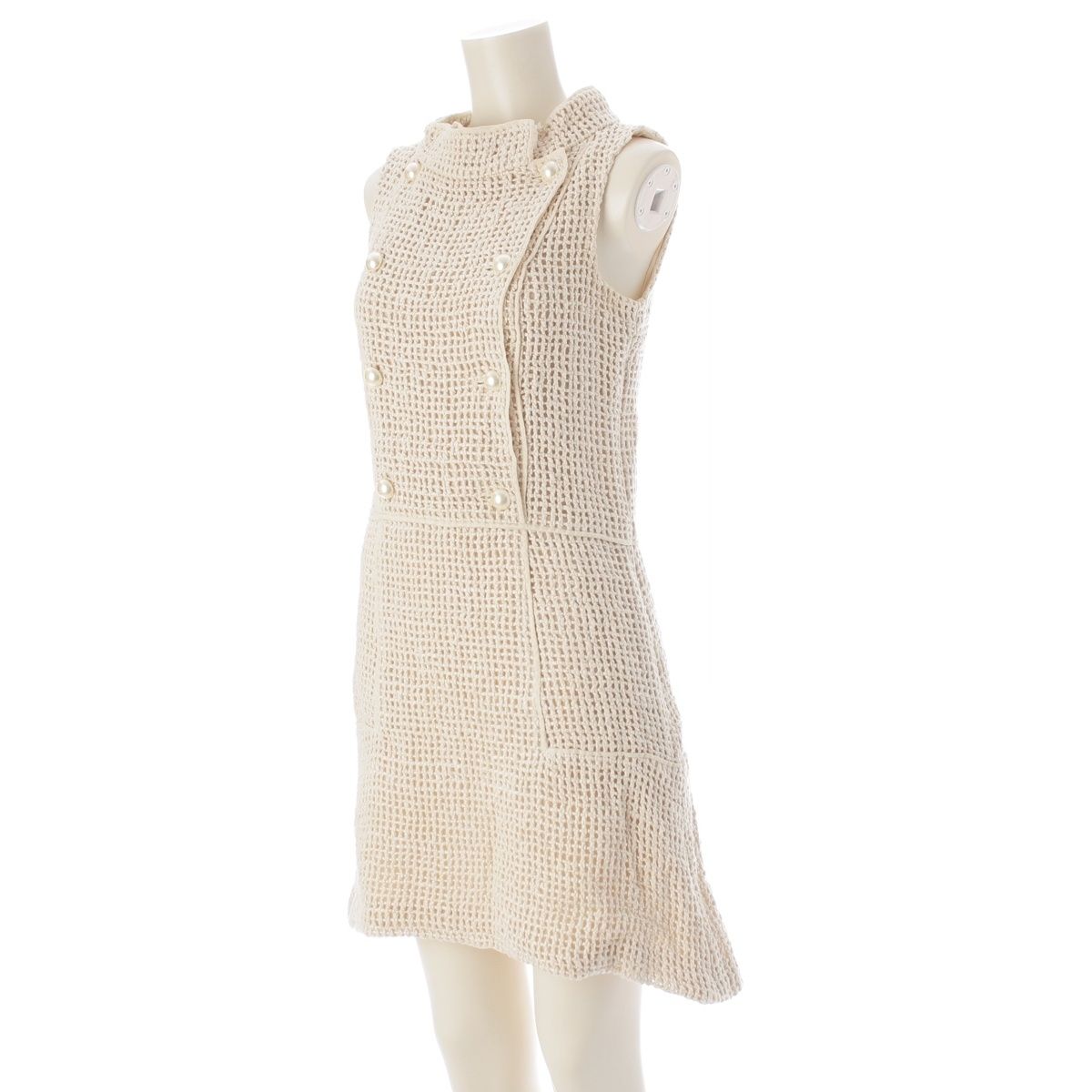 Chanel Silk CC Logo Pearl Button Sleeveless Dress Ivory 36 — view 2