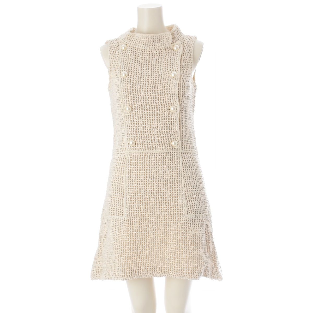 Chanel Silk CC Logo Pearl Button Sleeveless Dress Ivory 36