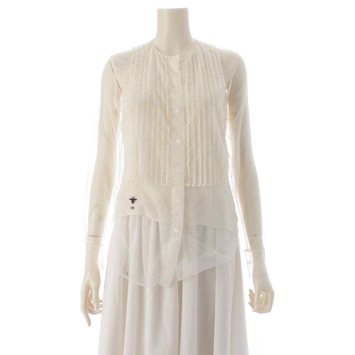 Dior Tulle Dot Pattern Bi Embroidery Blouse Top Ivory 34