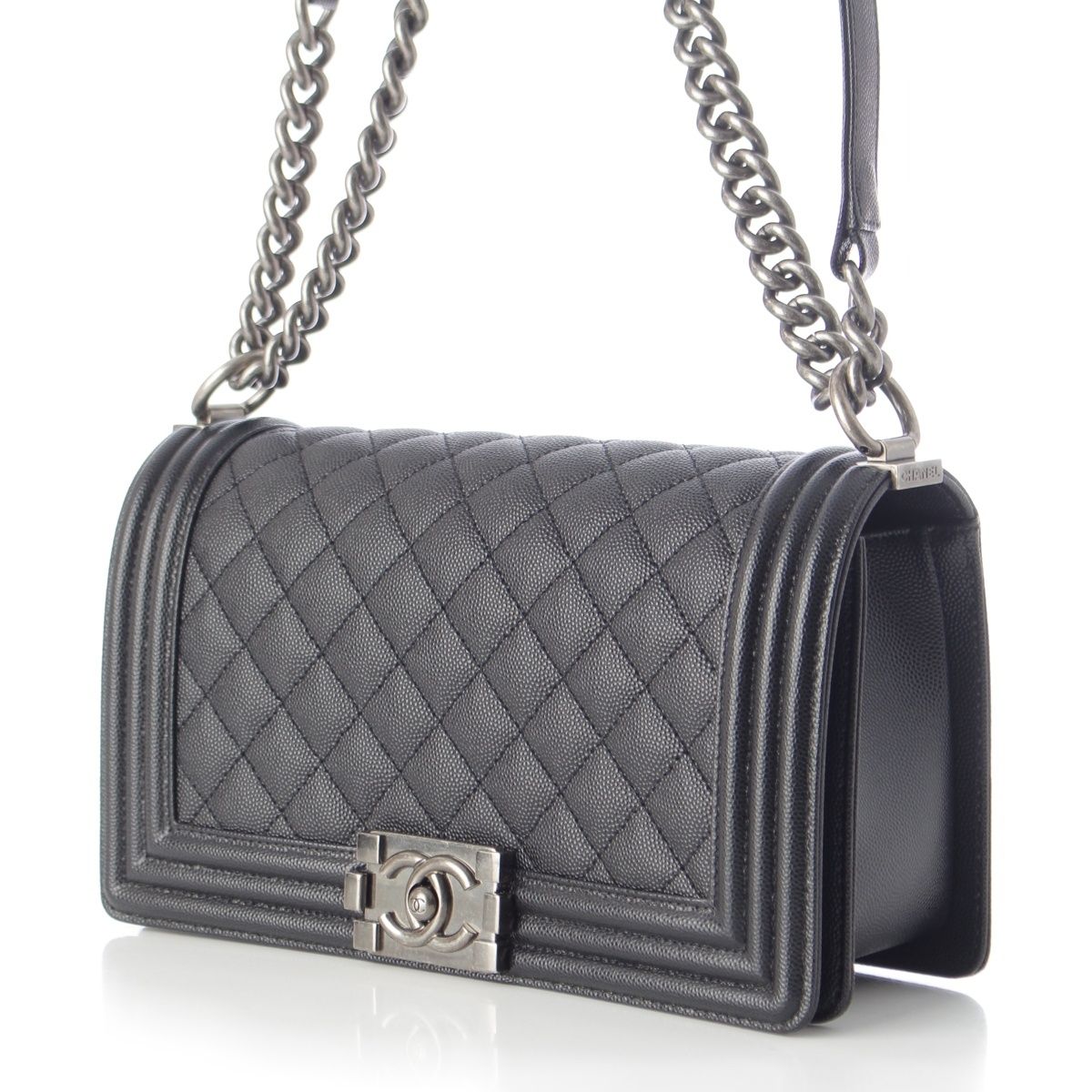 Chanel Boy Caviar Leather Chain Random Plate Shoulder Bag Black 25 — view 3