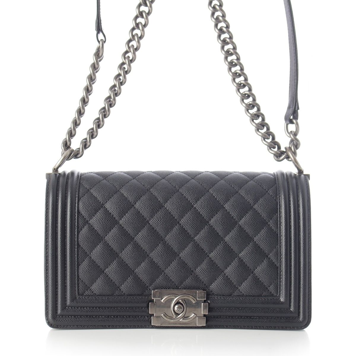 Chanel Boy Caviar Leather Chain Random Plate Shoulder Bag Black 25 — view 2