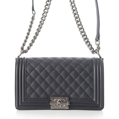 Chanel Boy Caviar Leather Chain Random Plate Shoulder Bag Black 25 — view 2