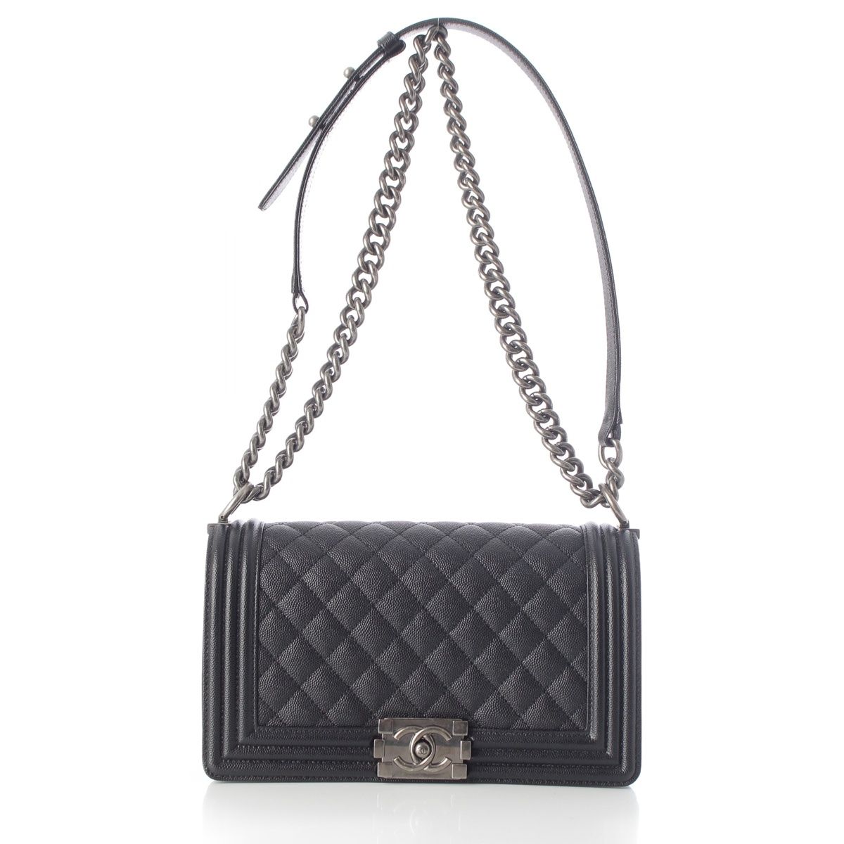 Chanel Boy Caviar Leather Chain Random Plate Shoulder Bag Black 25