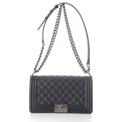 Chanel Boy Caviar Leather Chain Random Plate Shoulder Bag Black 25