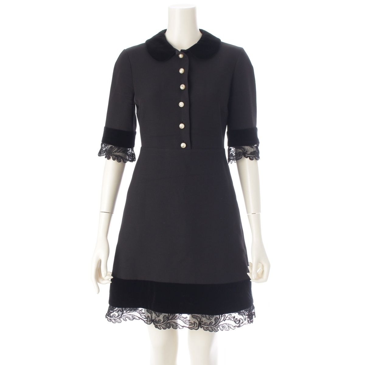 Gucci GG Pearl Silk Wool Velour Lace Contrast Dress Top Skirt Black Pink 38