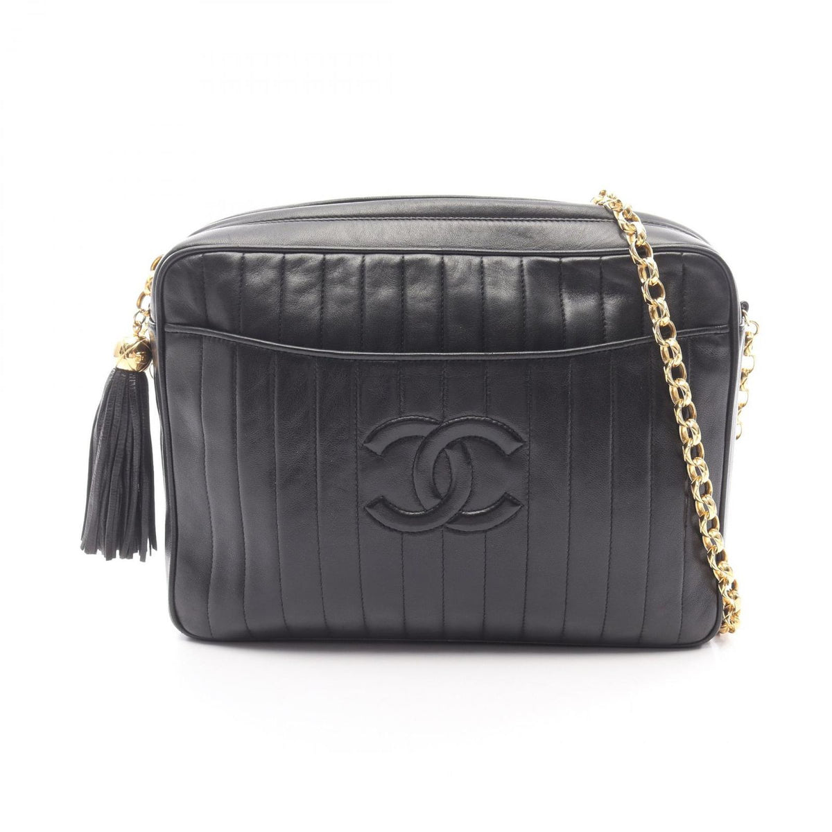 Chanel Shoulder Bag Mademoiselle Black Lambskin Fringe Chain