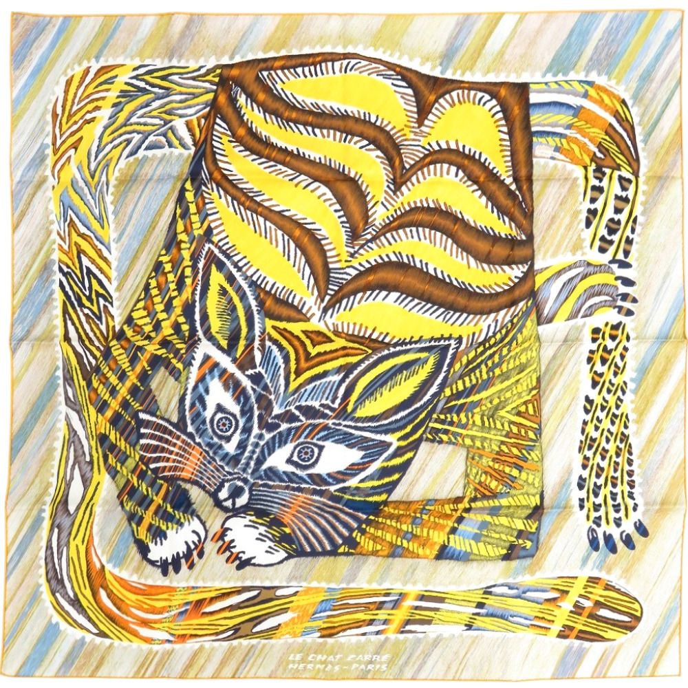 Hermes Carre 90 Double Face le Chat Silk Jaune Scarf Yellow