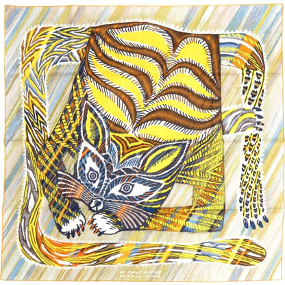 Hermes Carre 90 Double Face le Chat Silk Jaune Scarf Yellow