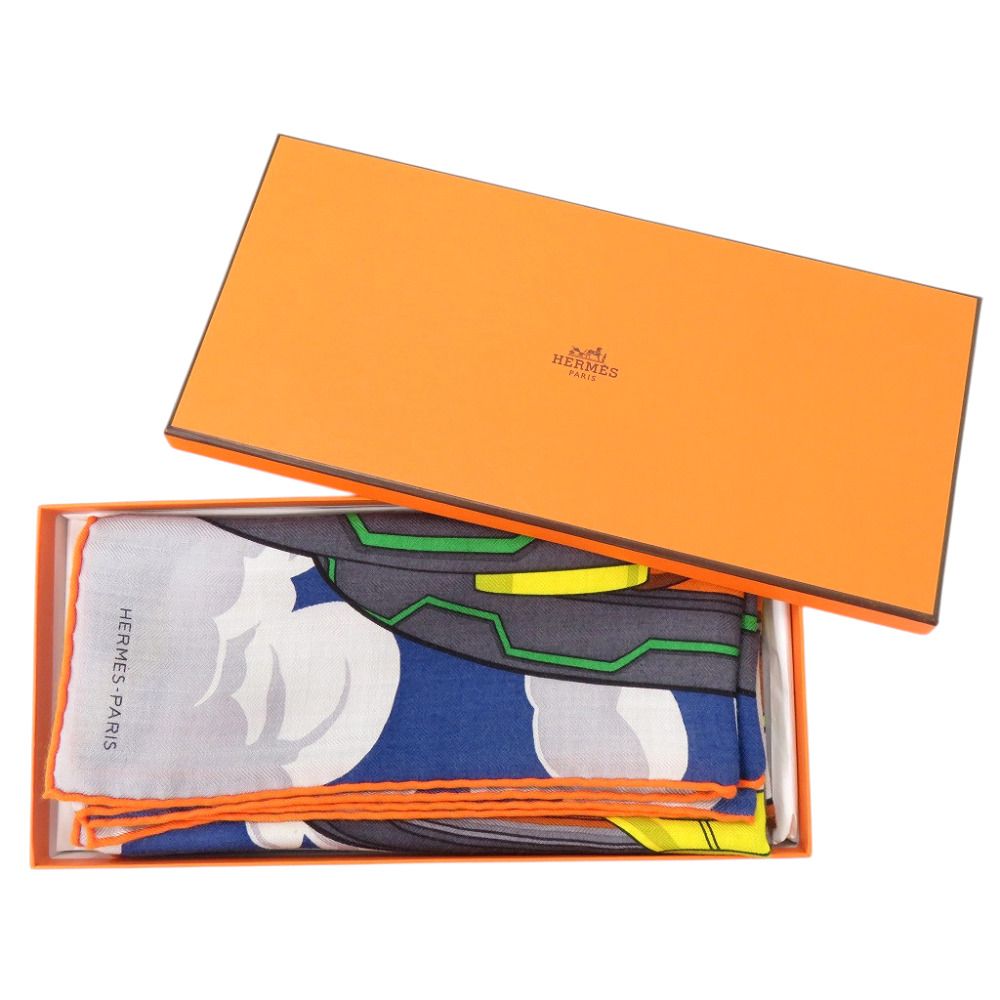 Hermes Carre 100 Mega Chariot 02 Silk Cashmere Blue Scarf — view 2