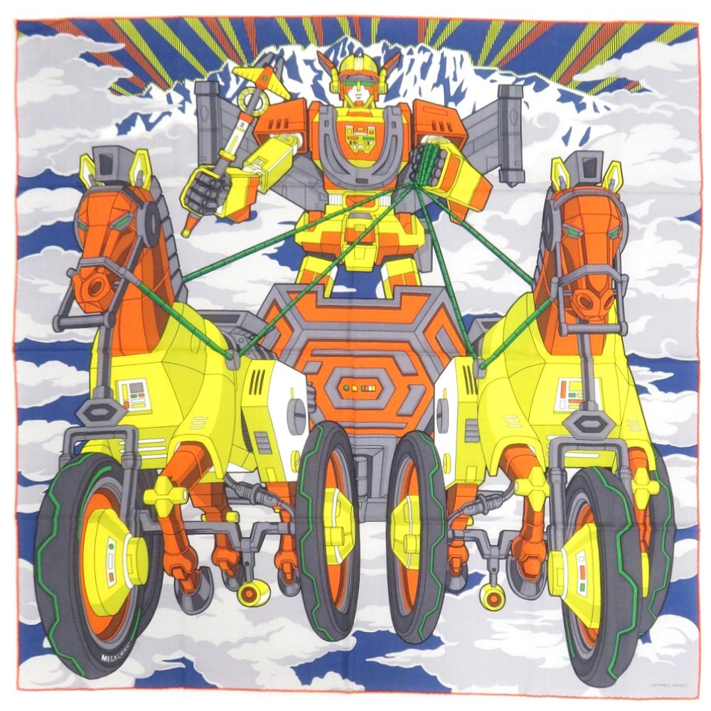 Hermes Carre 100 Mega Chariot 02 Silk Cashmere Blue Scarf