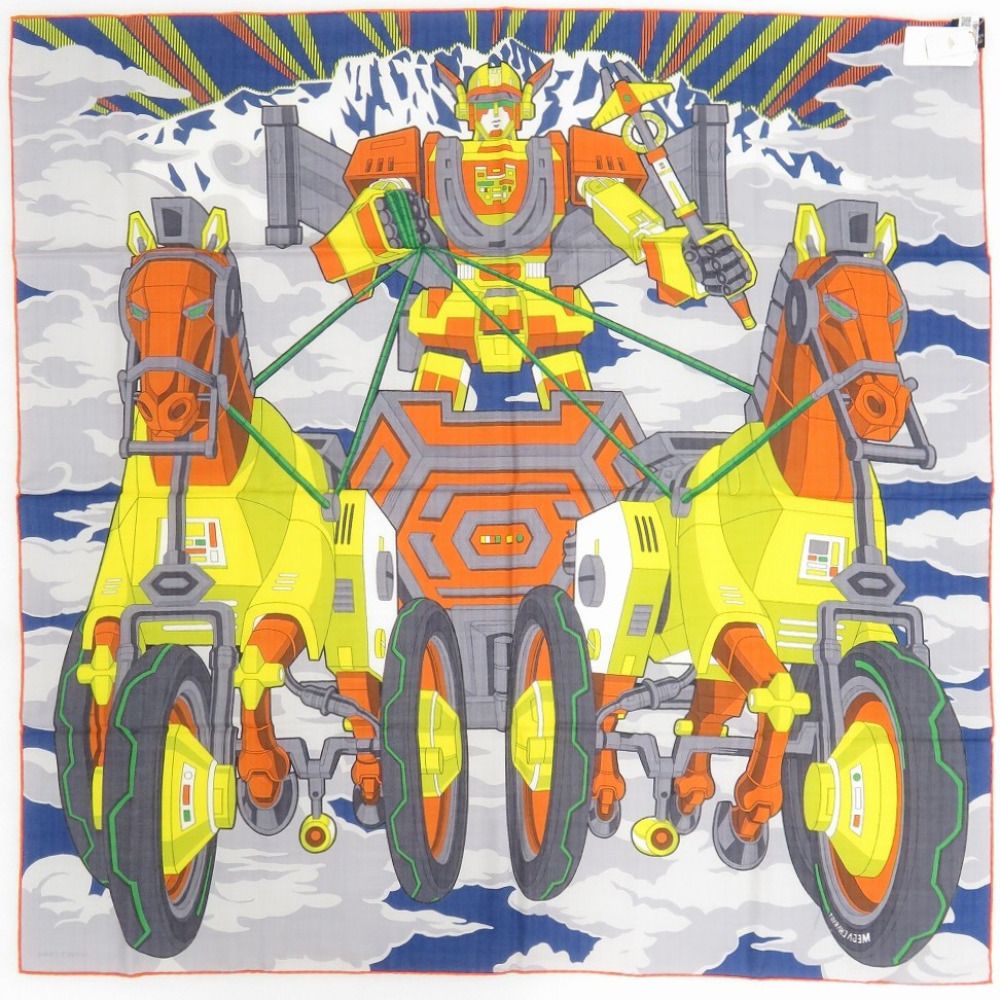 Hermes Carre 100 Mega Chariot 02 Silk Cashmere Blue Scarf — view 3