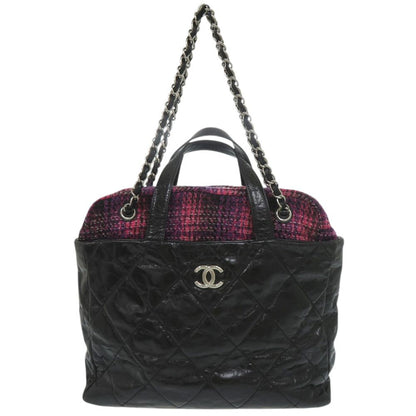 Chanel Quilted CC Logo Portobello Leather Tweed Black Pink 13 Handbag