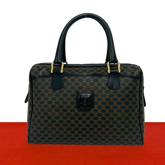 Celine Vintage Macadam Blason Pattern Leather Boston Bag Brown Black
