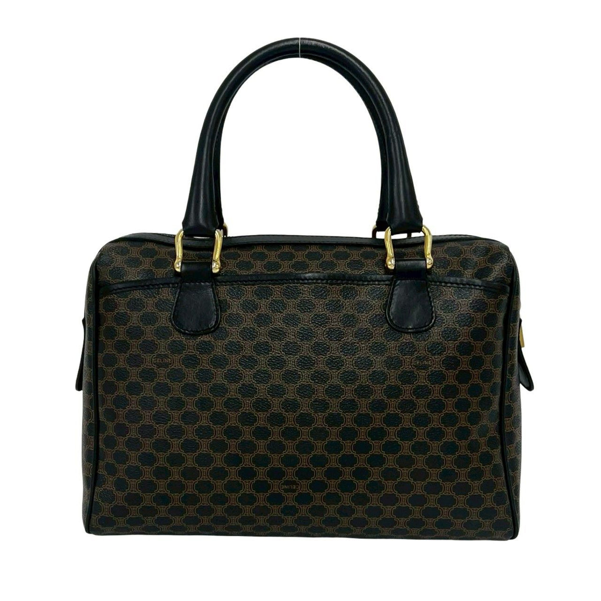 Celine Vintage Macadam Blason Pattern Leather Boston Bag Brown Black — view 3