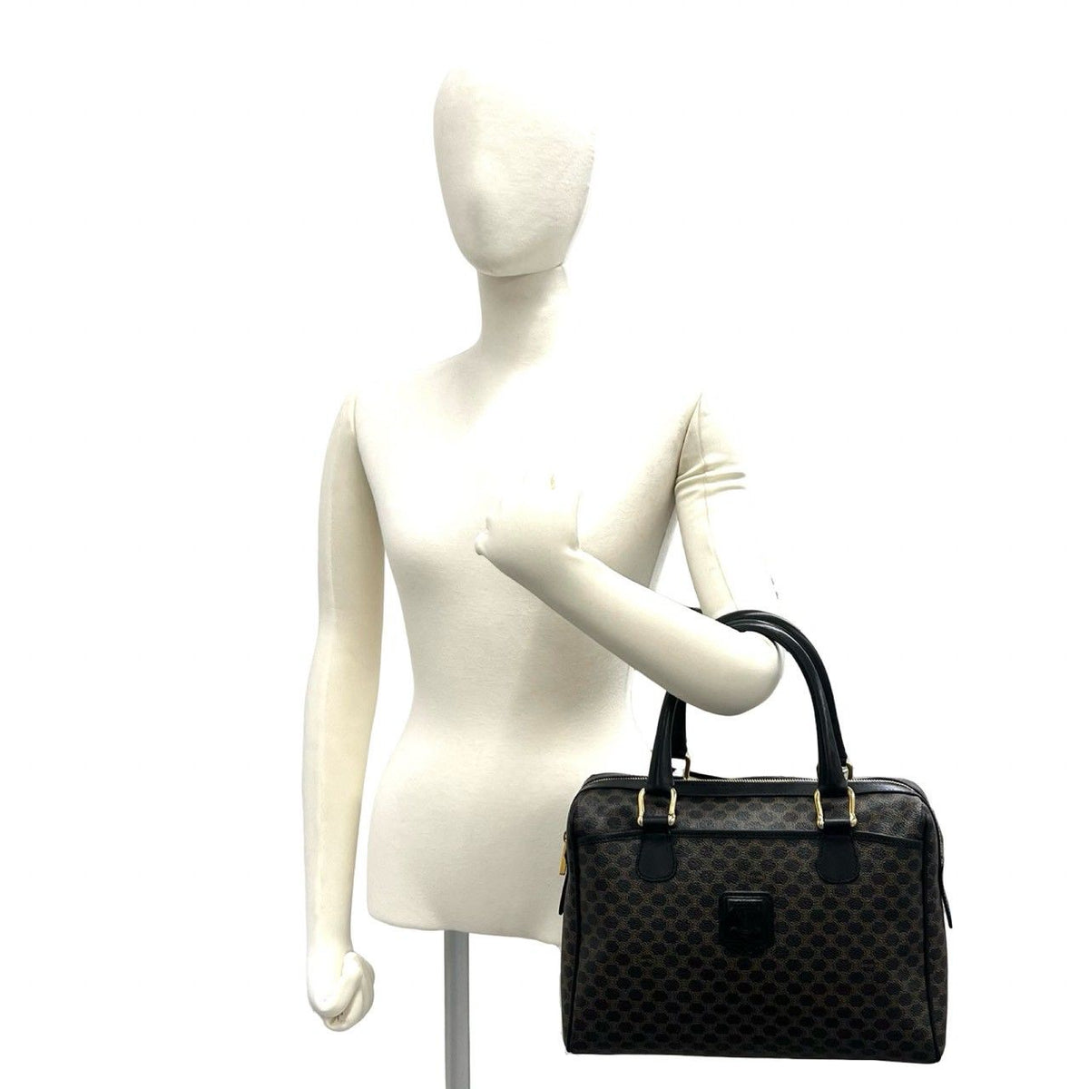 Celine Vintage Macadam Blason Pattern Leather Boston Bag Brown Black — view 2