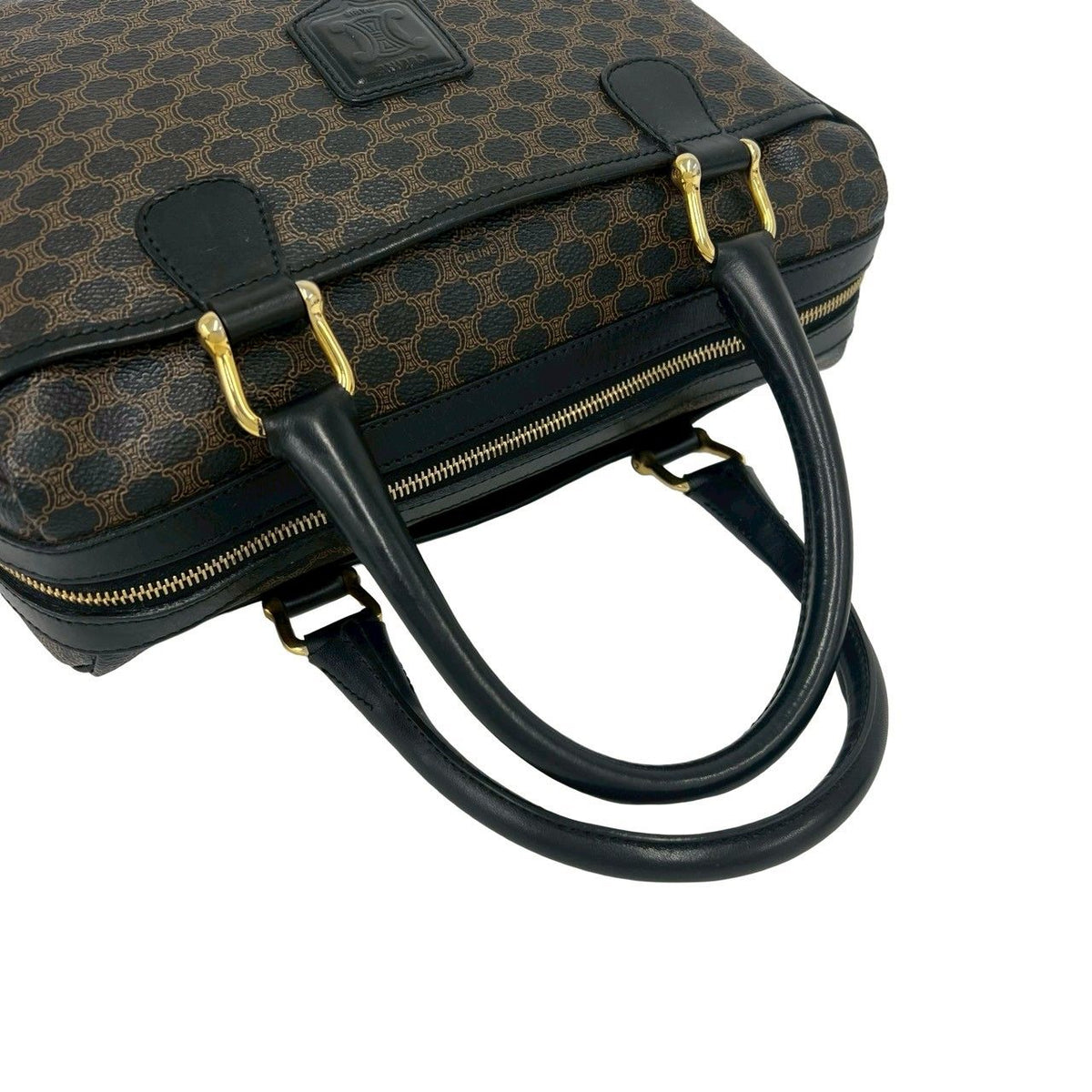 Celine Vintage Macadam Blason Pattern Leather Boston Bag Brown Black — view 4
