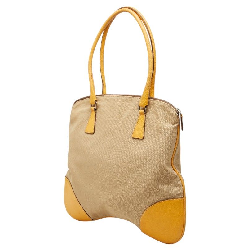 Prada Tote Shoulder Bag Beige Yellow Canvas Leather — view 2