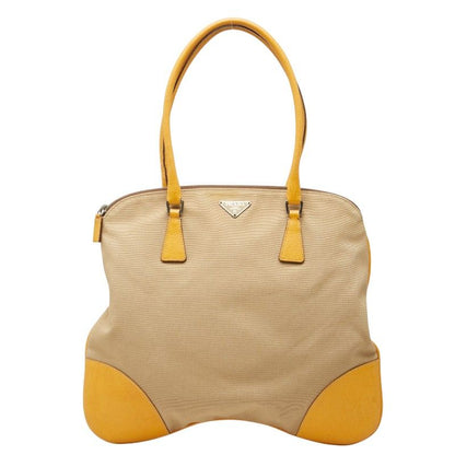Prada Tote Shoulder Bag Beige Yellow Canvas Leather