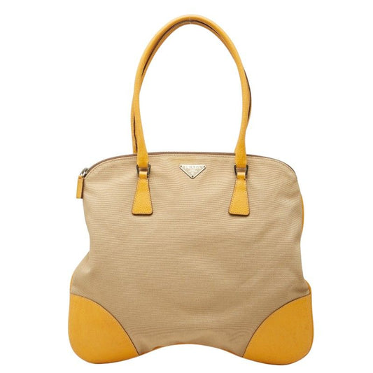 Prada Tote Shoulder Bag Beige Yellow Canvas Leather