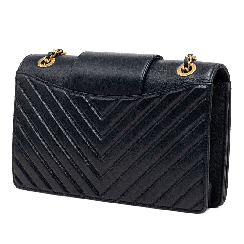 Chanel Chevron V-Stitch CC Logo Chain Shoulder Bag Navy Gold Leather — view 2