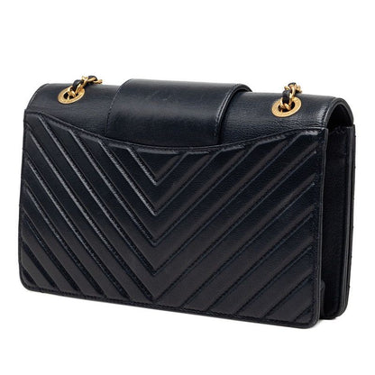 Chanel Chevron V-Stitch CC Logo Chain Shoulder Bag Navy Gold Leather — view 2