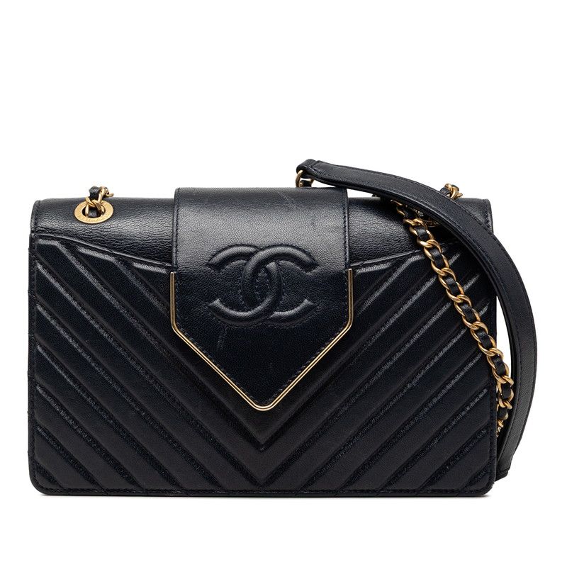Chanel Chevron V-Stitch CC Logo Chain Shoulder Bag Navy Gold Leather