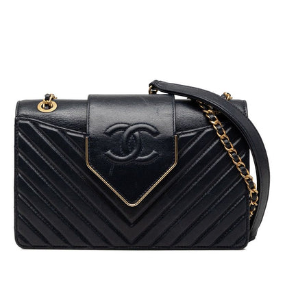 Chanel Chevron V-Stitch CC Logo Chain Shoulder Bag Navy Gold Leather