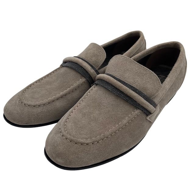 Brunello Cucinelli Moni Retrim Suede Loafers Slip on Beads Light Gray