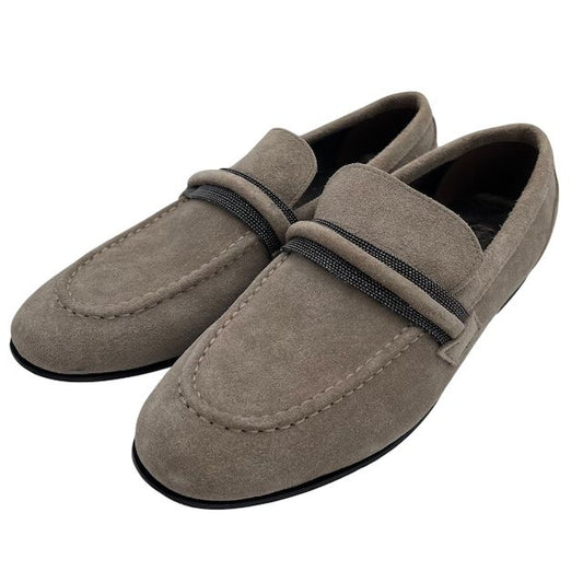Brunello Cucinelli Moni Retrim Suede Loafers Slip on Beads Light Gray