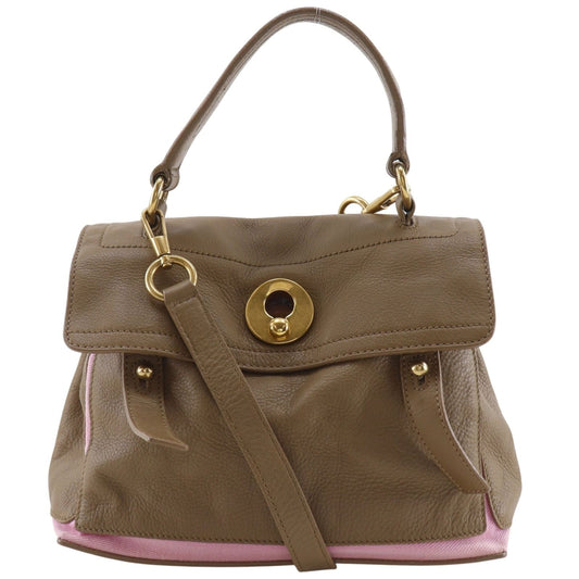 Saint Laurent 2-Way Shoulder Leather Canvas Brown Pink Handbag