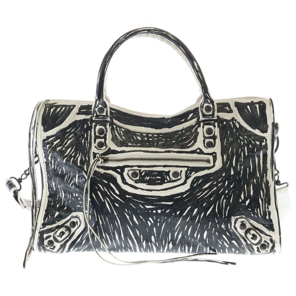 Balenciaga le City Bag White Snow Semi Shiny Arena Lambskin Black Mark Print