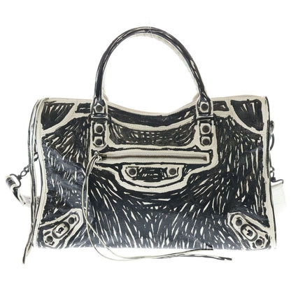Balenciaga le City Bag White Snow Semi Shiny Arena Lambskin Black Mark Print