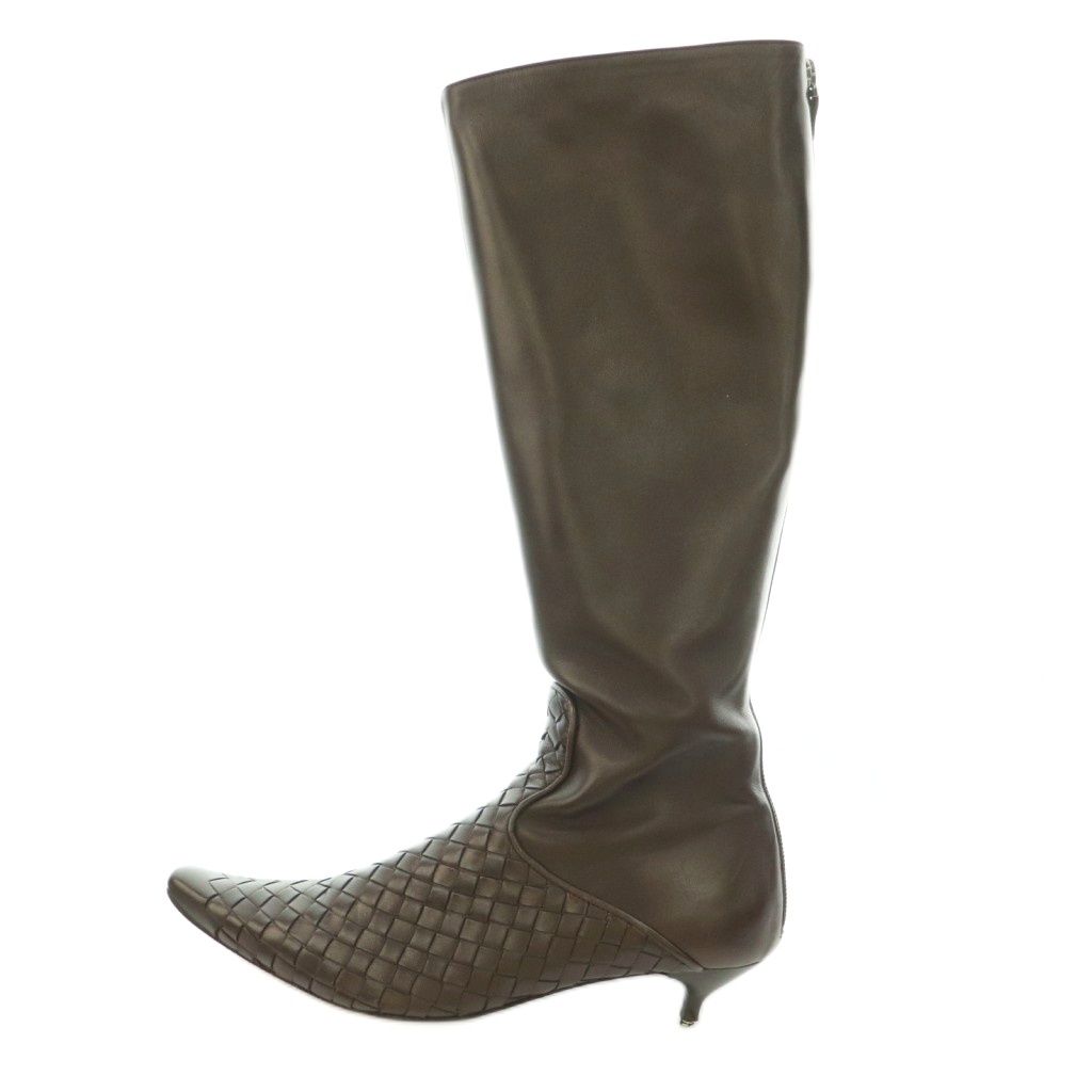Bottega Veneta Intrecciato Long Boots Pointed Toe Low Heels Leather One Color
