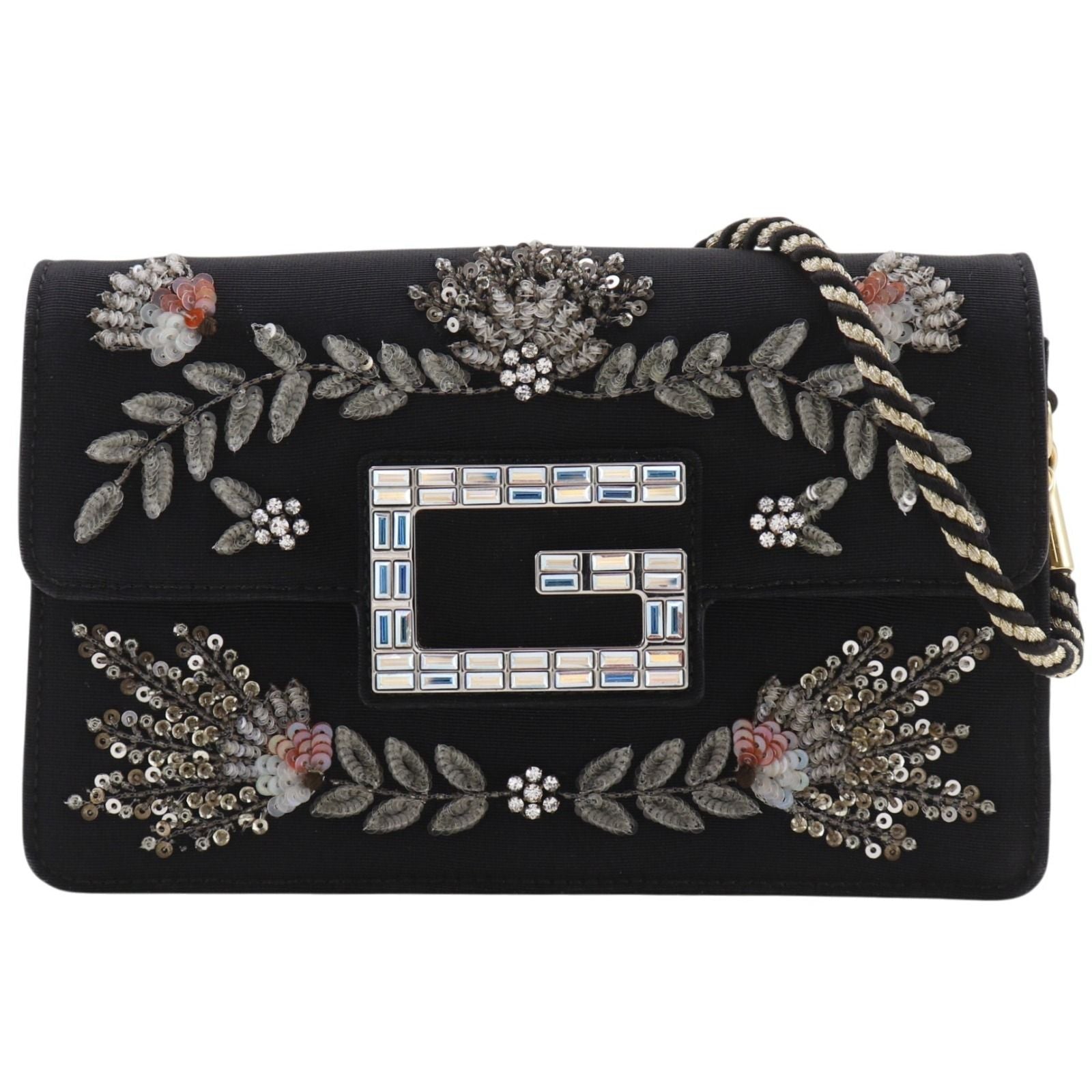 Gucci Broadway Square 2-Way Clutch Cotton Rhinestone Black
