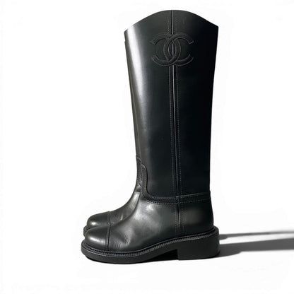 Chanel Leather Boots Long CC Logo Calfskin Shoes Black 37.5 — view 3