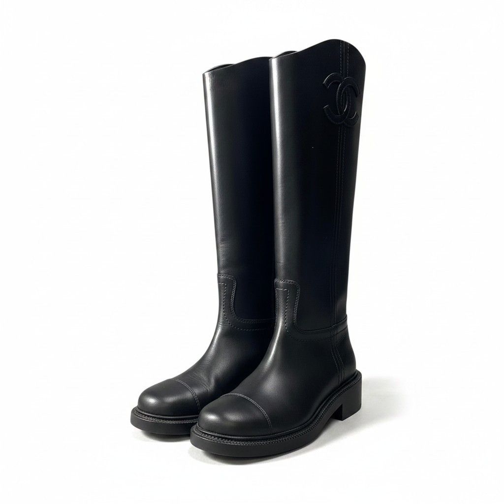 Chanel Leather Boots Long CC Logo Calfskin Shoes Black 37.5