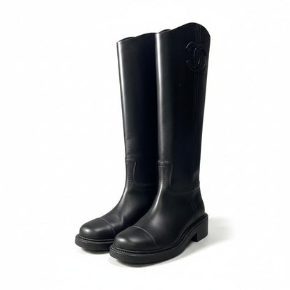 Chanel Leather Boots Long CC Logo Calfskin Shoes Black 37.5