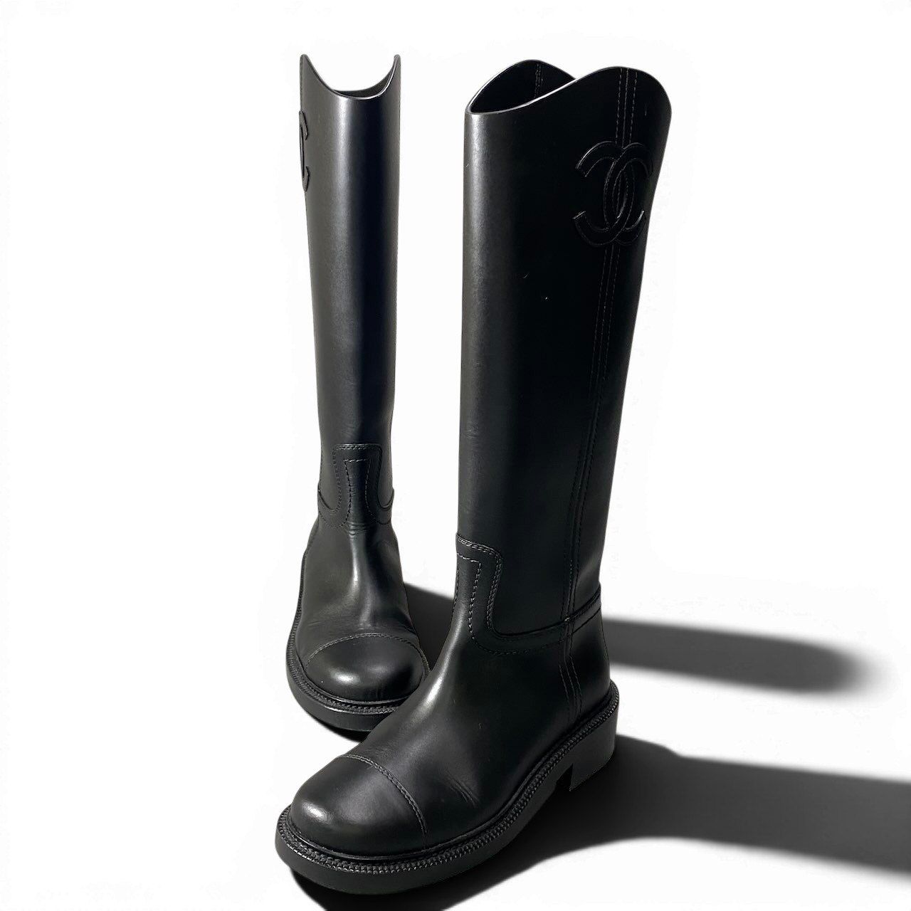 Chanel Leather Boots Long CC Logo Calfskin Shoes Black 37.5 — view 2