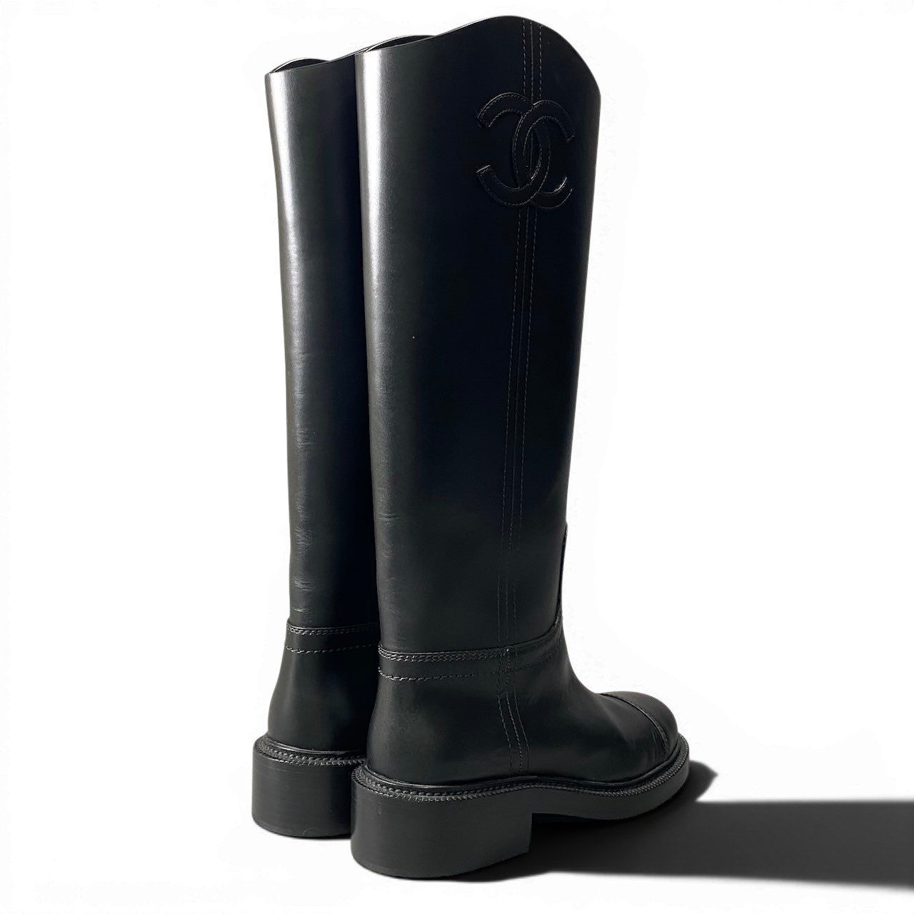 Chanel Leather Boots Long CC Logo Calfskin Shoes Black 37.5 — view 4