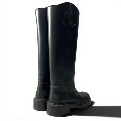 Chanel Leather Boots Long CC Logo Calfskin Shoes Black 37.5 — view 4