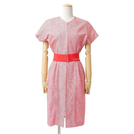 Dior Vintage Dress S Striped Belted Short Sleeve
