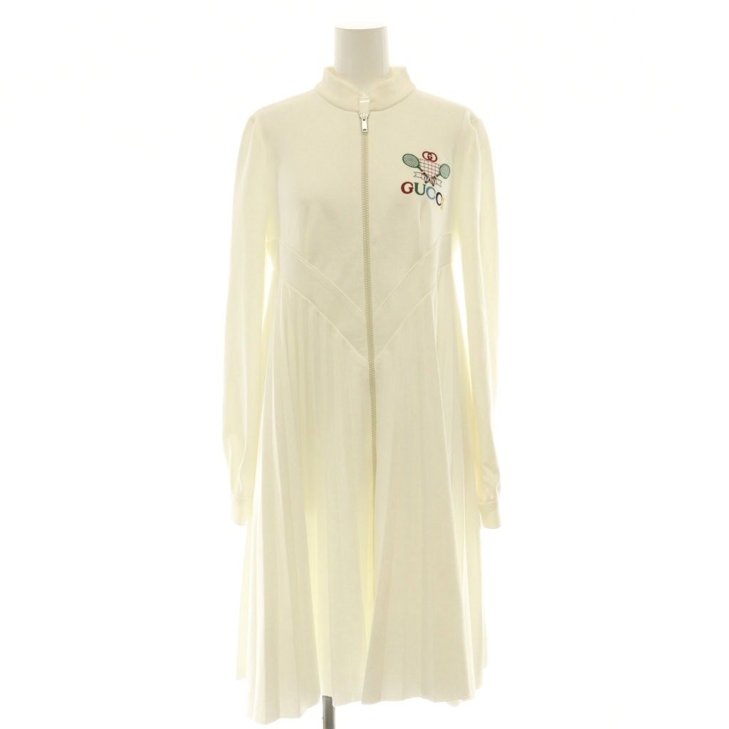 Gucci Tennis Logo Pleated Dress Front Zip Knee Length Long Sleeve