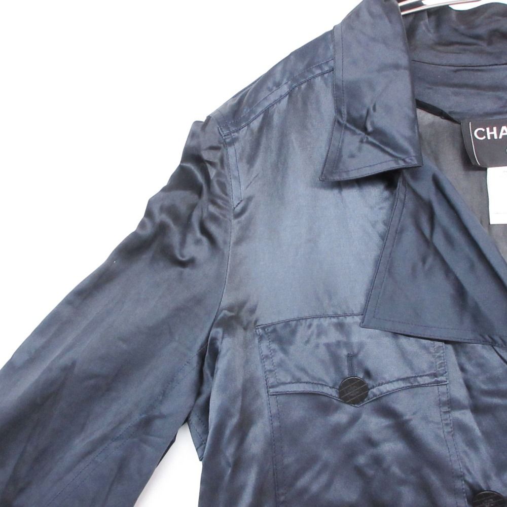 Chanel Trench Coat Vintage Silk Blend CC Logo Button Cotton Double Navy — view 4