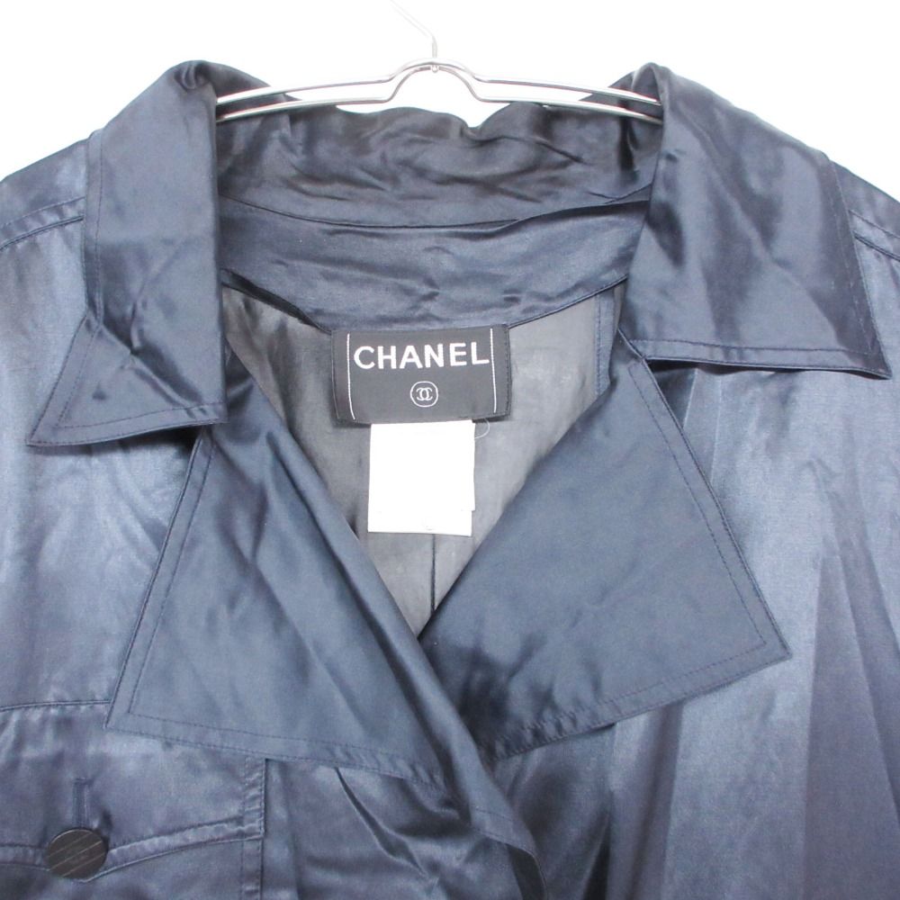 Chanel Trench Coat Vintage Silk Blend CC Logo Button Cotton Double Navy — view 3