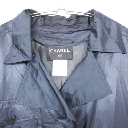 Chanel Trench Coat Vintage Silk Blend CC Logo Button Cotton Double Navy — view 3