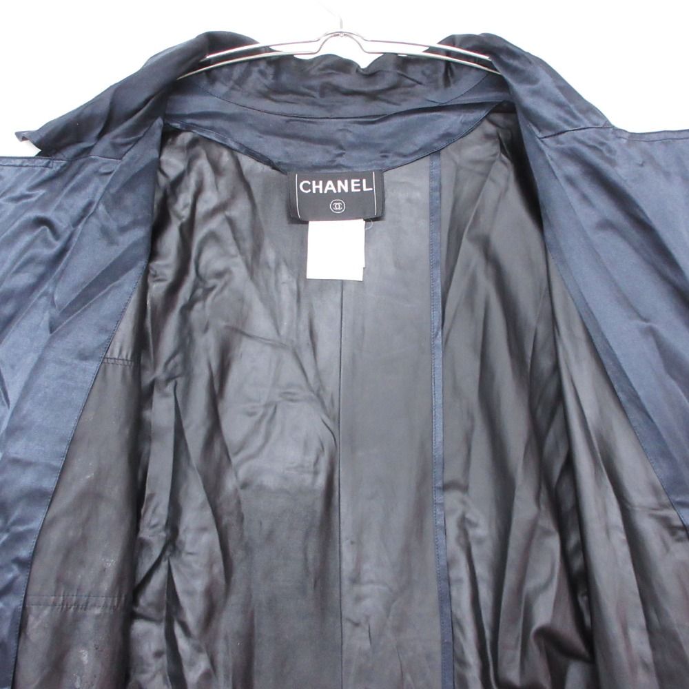 Chanel Trench Coat Vintage Silk Blend CC Logo Button Cotton Double Navy — view 5